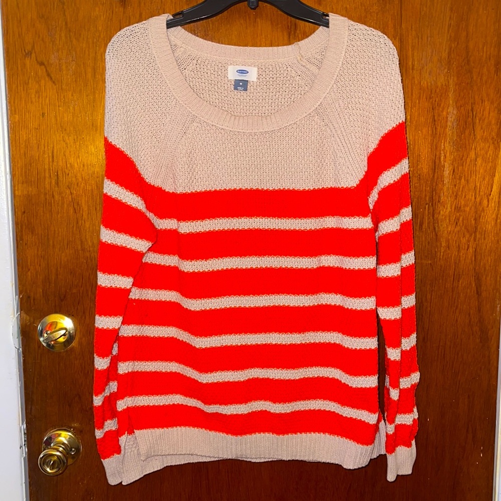 Open Knit Crochet Sweater Orange & Beige